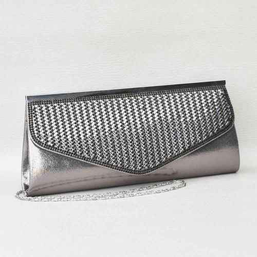 Официална дамска чанта, тип плик, с красиви камъни, ефектен модел, цвят платина