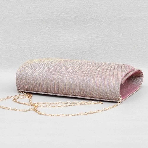 Официална дамска тип чанта клъч от плат, с метална лайсна на капака, сребърна с розова нишка