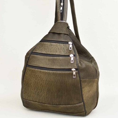Дамска раница-чанта от естествена кожа 2в1, с много външни джобчета, маслено зелена