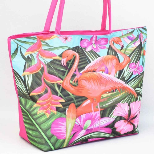 Плажна чанта евтина непромокаема, затваряне с цип, с цветя и фламинго 