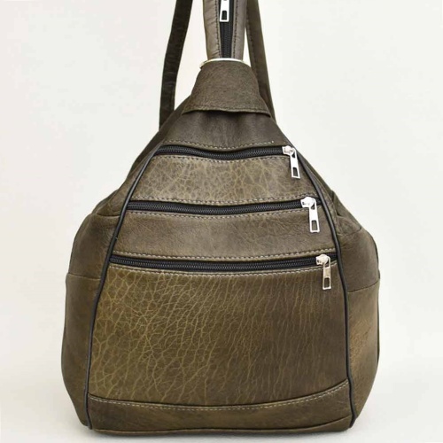 Дамска раница-чанта от естествена кожа 2в1, с много външни джобчета, маслено зелена