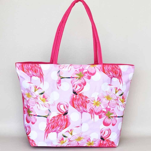 Плажна чанта евтина от непромокаем плат с цип, с екзотични цветя и фламинго