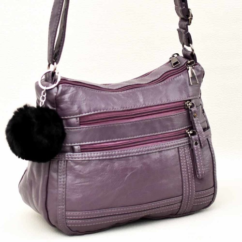 Евтина дамска чанта за през рамо от мека варена еко кожа, с две отделения и много джобчета, лилава + ПОДАРЪК висулка