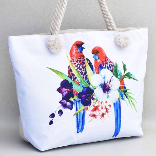 Плажна чанта голяма с красива картинка цветя и папагали, бяла
