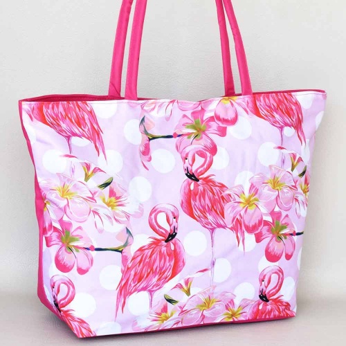 Плажна чанта евтина от непромокаем плат с цип, с екзотични цветя и фламинго