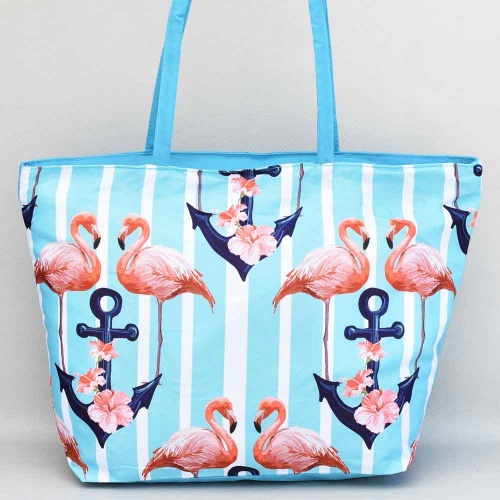 Плажна чанта евтина непромокаема, затваряне с цип, на райета с котви и фламинга