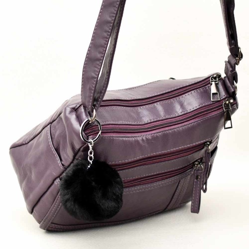 Евтина дамска чанта за през рамо от мека варена еко кожа, с две отделения и много джобчета, лилава + ПОДАРЪК висулка