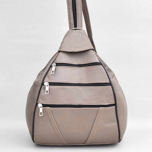 Дамска раница-чанта от естествена кожа 2 в 1, с външни джобчета, сиво бежово