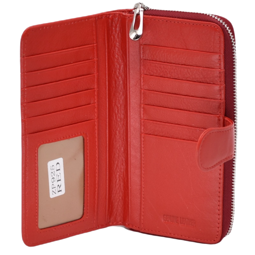Дамско портмоне от естествена кожа с цип и много отделения за карти червено