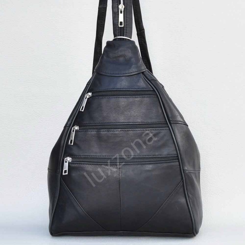 Дамска раница-чанта от естествена кожа с много външни джобчета, черна