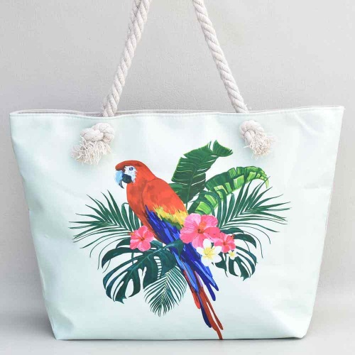 Плажна чанта с красива картинка цветя и папагал, светло резедава