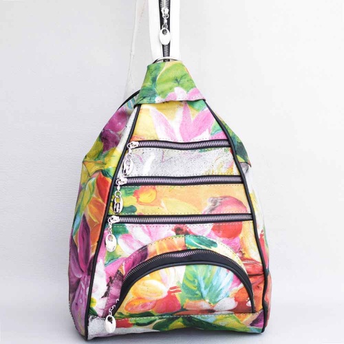 Дамска раница-чанта Цветя от естествена кожа 2в1, с много външни джобчета