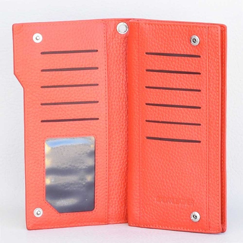Дамско портмоне от естествена кожа с цип, външен монетник и страница за карти, оранжево-червено