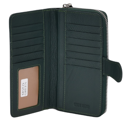 Дамско портмоне от естествена кожа с цип и много отделения за карти тъмно зелено