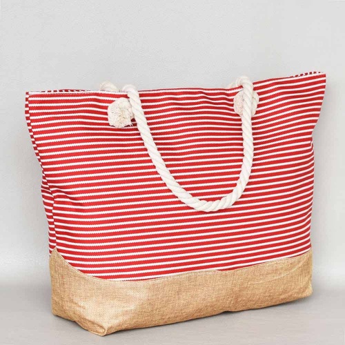 Плажна чанта голяма, с дръжки от въже, червени и бели райета