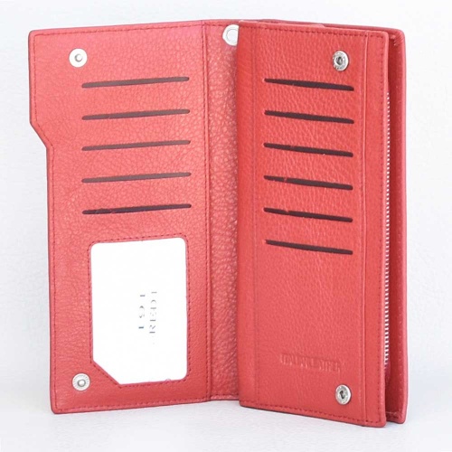 Дамско портмоне от естествена кожа с цип, външен монетник и страница за карти, червено