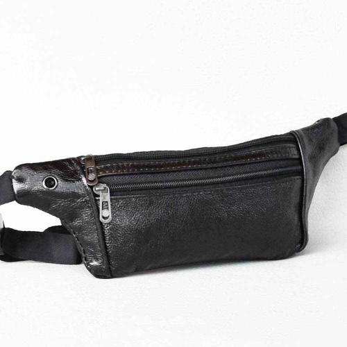 Мъжка чанта тип банан/паласка от естествена кожа за носене на кръста, малка, черна