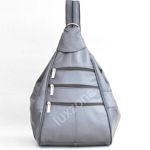 Дамска раница-чанта от естествена кожа с външни джобчета, сива