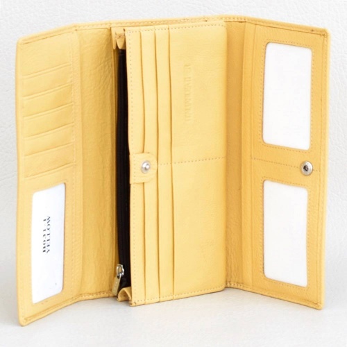 Дамско портмоне от естествена кожа с много отделения за карти и документи, жълт