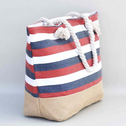 Плажна чанта текстилна, затваряне с цип, с дръжки от въжета, ефектни цветни райета