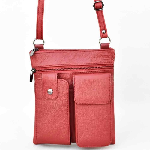 Мъжка чанта от естествена кожа, тип плик с удобни джобове за телефони, червена