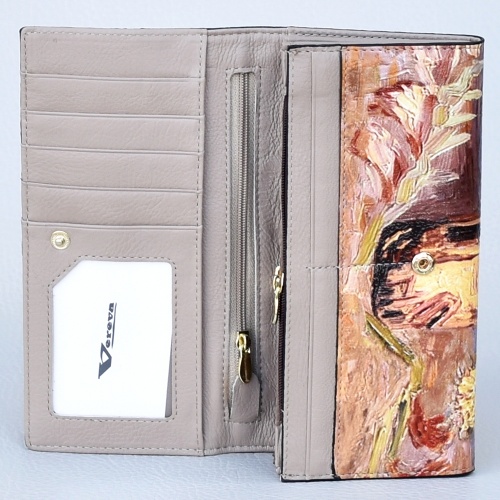 Дамско портмоне с рисунка от естествена кожа с вътрешен монетник и отделения за карти