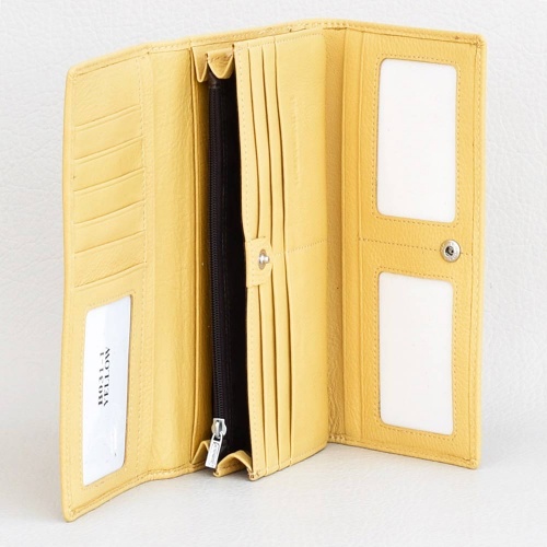 Дамско портмоне от естествена кожа с много отделения за карти и документи, жълт