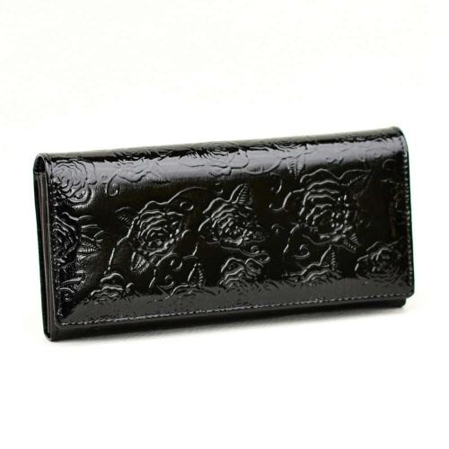 Дамско портмоне от естествена кожа Рози, лачено, външен монетник с цип, черно