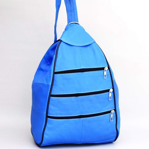 Дамска раница-чанта от естествена кожа 2в1, с много външни джобчета, синя