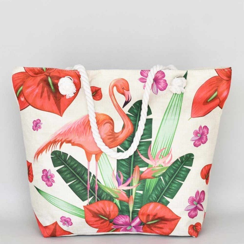 Плажна чанта голяма с цип, здрави дръжки от въже, с цветя и фламинго