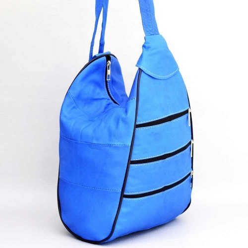 Дамска раница-чанта от естествена кожа 2в1, с много външни джобчета, синя