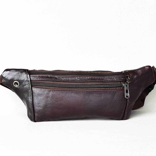 Мъжка чанта тип банан/паласка от естествена кожа за носене на кръста, малка, тъмно кафява