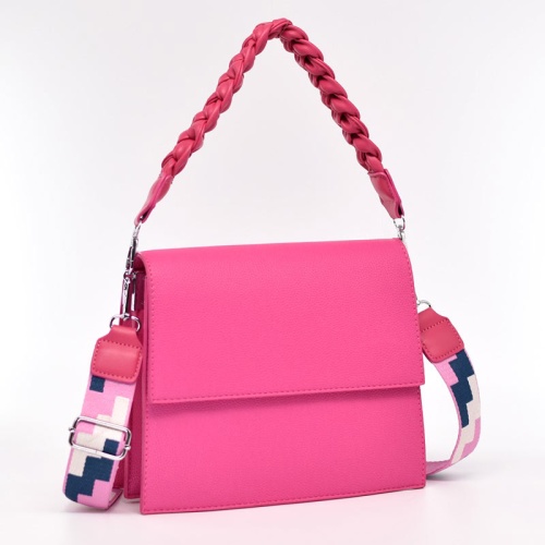 Дамска чанта за през рамо с ефектни дръжки малка тъмно розово