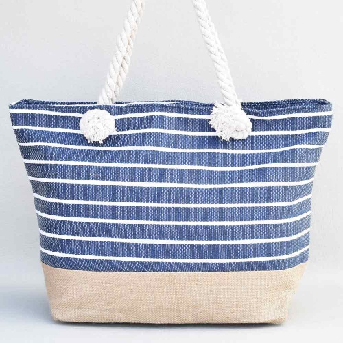 Плажна чанта текстилна, затваряне с цип, с дръжки от въжета, бели и сини райета