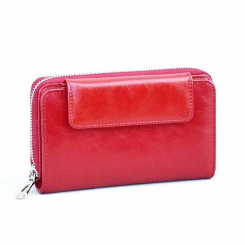 Дамско портмоне от естествена кожа с цип и дръжка за в ръка, червено