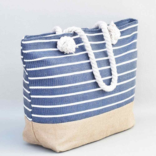 Плажна чанта текстилна, затваряне с цип, с дръжки от въжета, бели и сини райета