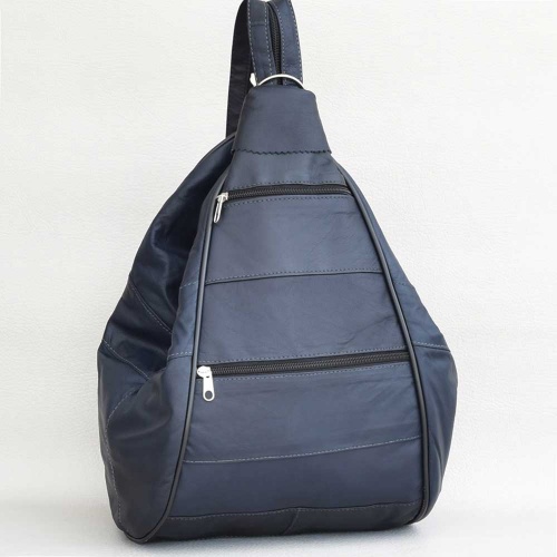 Дамска раница-чанта от естествена кожа с външни джобчета, синя