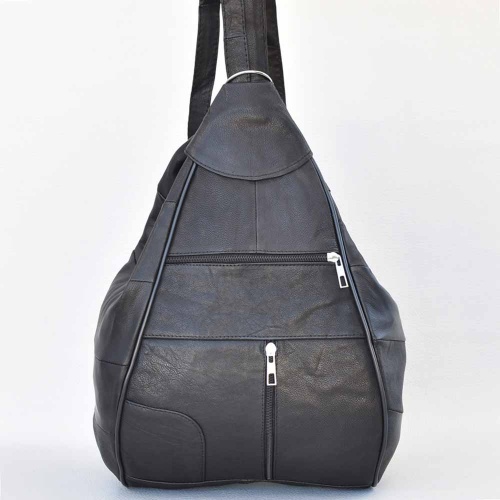 Дамска раница-чанта от естествена кожа 2в1 с външни джобчета, черна