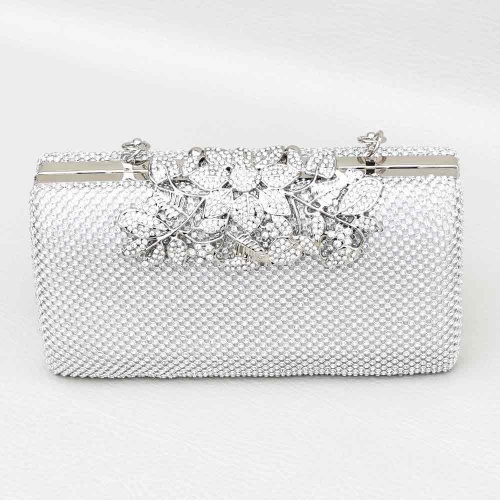 Официална дамска чанта, клъч с кристални камъчета и красива катарама цветя от блестящи камъни, сребърна