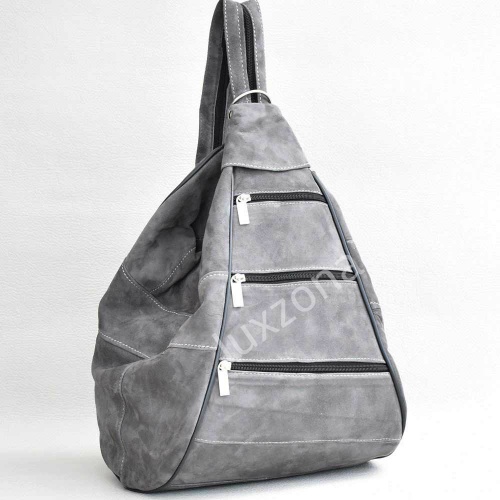 Дамска раница-чанта от естествена кожа велур с външни джобчета, сива