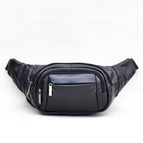 Мъжка чанта тип банан/паласка от естествена кожа за носене на кръста или през гърди, черна