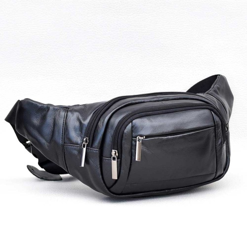 Мъжка чанта тип банан/паласка от естествена кожа за носене на кръста или през гърди, черна