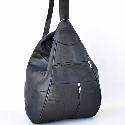 Дамска раница-чанта от естествена кожа 2в1 с външни джобчета, черна