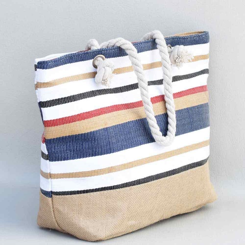 Плажна чанта текстилна, затваряне с цип, с дръжки от въжета, ефектни цветни райета
