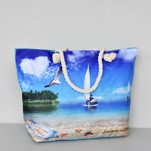 Плажна чанта голяма текстилна с морски пейзаж с цип лято 2018