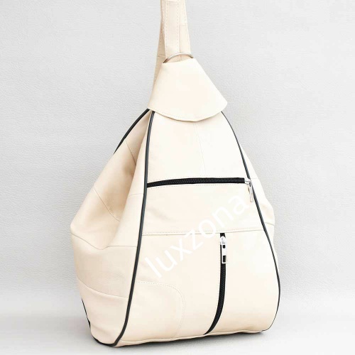 Дамска раница-чанта от естествена кожа с външни джобчета, кремава
