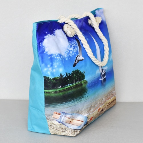 Плажна чанта голяма текстилна с морски пейзаж с цип лято 2018
