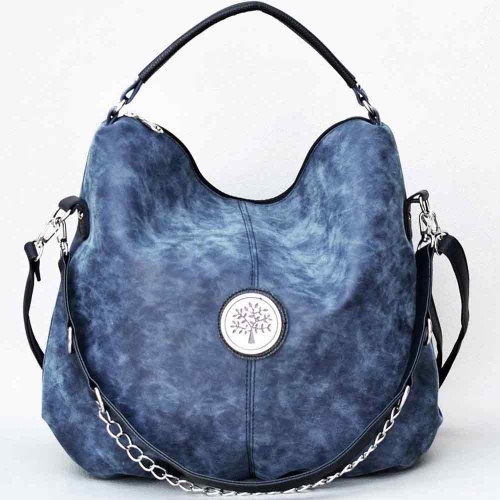 Българска дамска чанта, тип торба от еко кожа с три дръжки, синя