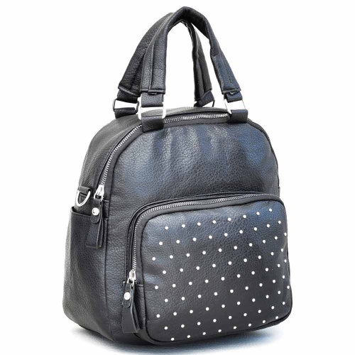 Дамска раница-чанта 2 в 1 с капси, от еко кожа, стилен модел, черна