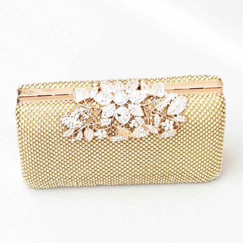 Официална дамска чанта, клъч с кристални камъчета и ефектна катарама цветя от блестящи камъни, златна